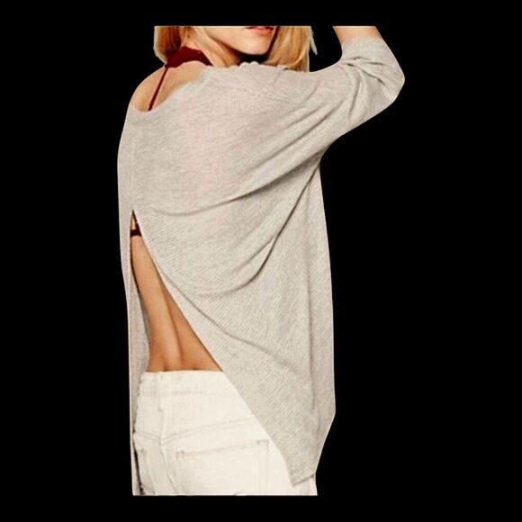 FREE PEOPLE STORYTELLER USA Made Waffle Knit Split Back TEE Swing Top OVERSIZE S - Picture 7 of 13